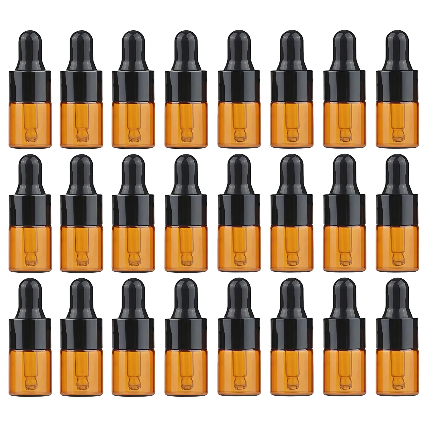 Upstore 24PCS Empty Refill Mini Amber Glass Essential Oil Dropper Bottle Jars Packing Vials with Black Rubber Cap Cosmetic Perfume Sample Liquid Storage Holder Containder Makepup Beauty Tool(2ml)