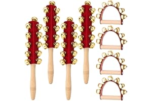 Cindeer 8 Pieces Christmas Hand Jingle Bells Handheld Sleigh Wooden Handle Bells Rattles Musical Rhythm Percussion Instruments for Holiday Christmas Party Favors(Red and Gold)