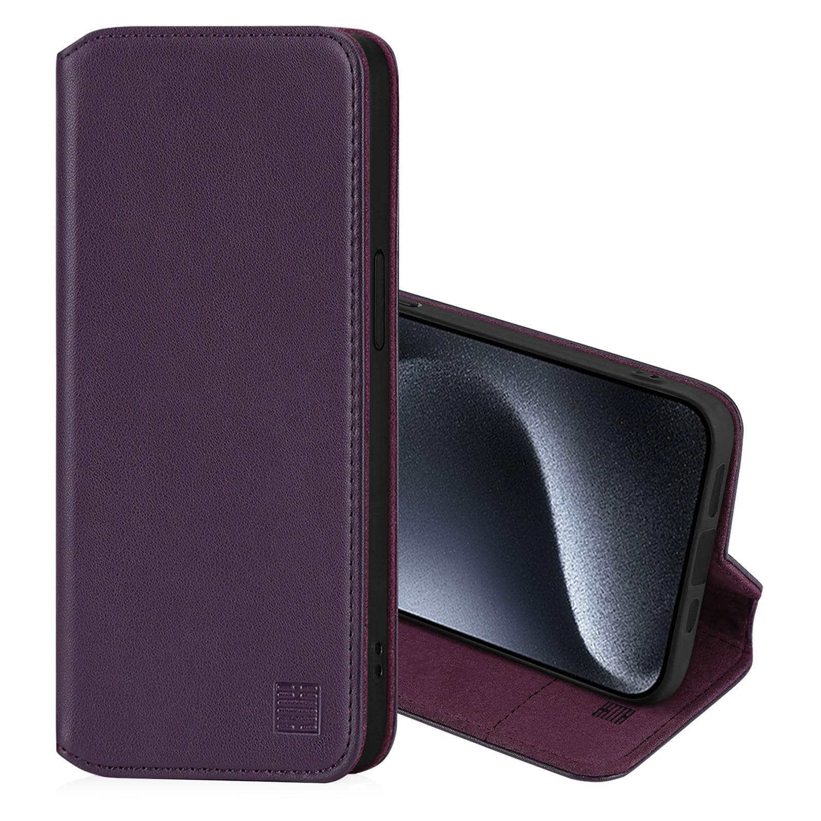 32nd Classic Series 2.0 - Real Leather Book Wallet Flip Case Cover For Apple iPhone 15 Pro Max (6.7"), With RFID Blocking Card Slot, Magnetic Closure and Built In Stand - Aubergine