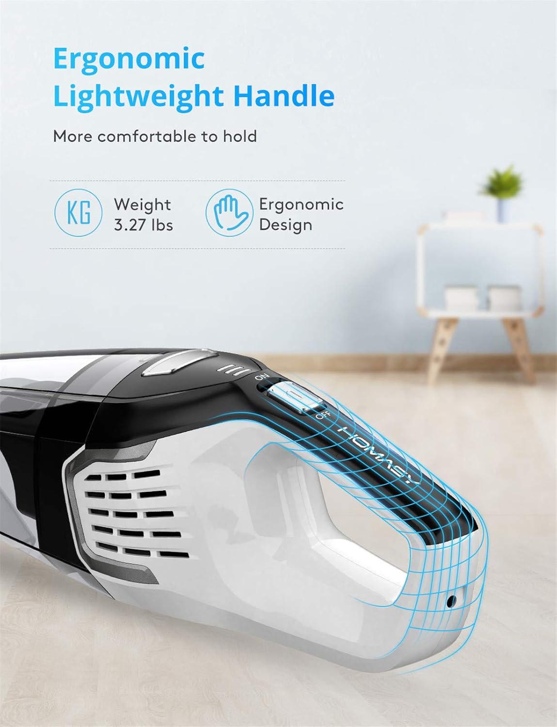 Homasy Handheld Vacuum Cordless, 8Kpa Hand Vacuum with Powerful Cyclonic Suction, Portable Vacuum Cleaner with Long Lasting up to 30mins (Wet&Dry, 3H Charging) for Pet Hair, Dust, Gravel, Home Cleaning -