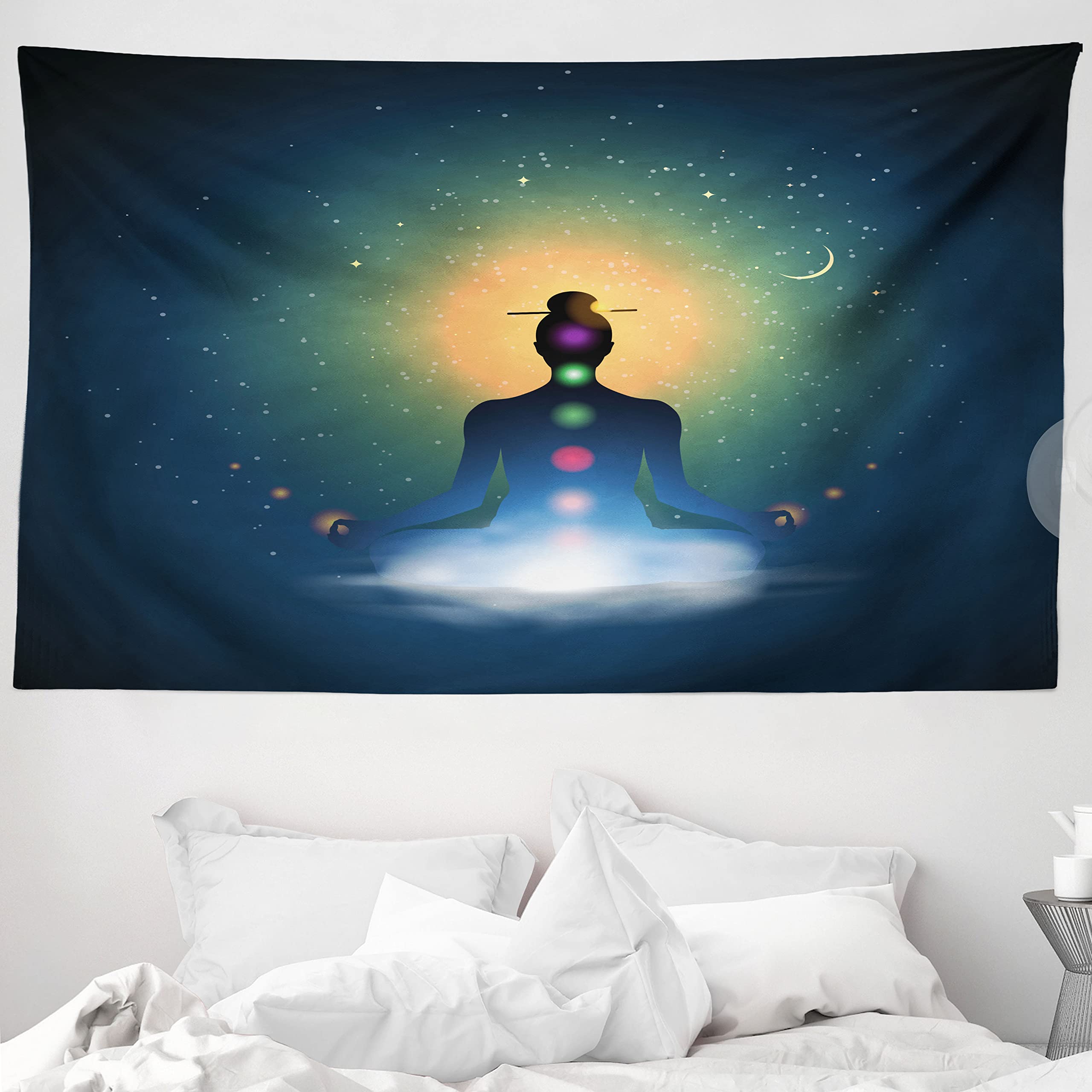 ABAKUHAUS Yoga Tapestry, Meditating Silhouette Sitting in Lotus Position Colorful Chakras Trance Mood Happiness, Fabric Wall Hanging Decor for Bedroom Living Room Dorm, 90 W X 54 L, Dark Blue Orange