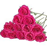Felice Arts 12 Pack Hot Pink Roses Artificial Flowers with Stems Silk Fuschia Rose Bouquet for Wedding Bridal Bouquet Vase Table Centerpiece DIY Cake Valentines Decoration Decor