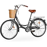 Outroad Beach Cruiser Bike, 24/26 inch Commuter Bicycle for Adult and Women,High-Carbon Steel Comfortable City Bikes with Rear Rack and Basket, (Black/Pink/White/Green/Purple)