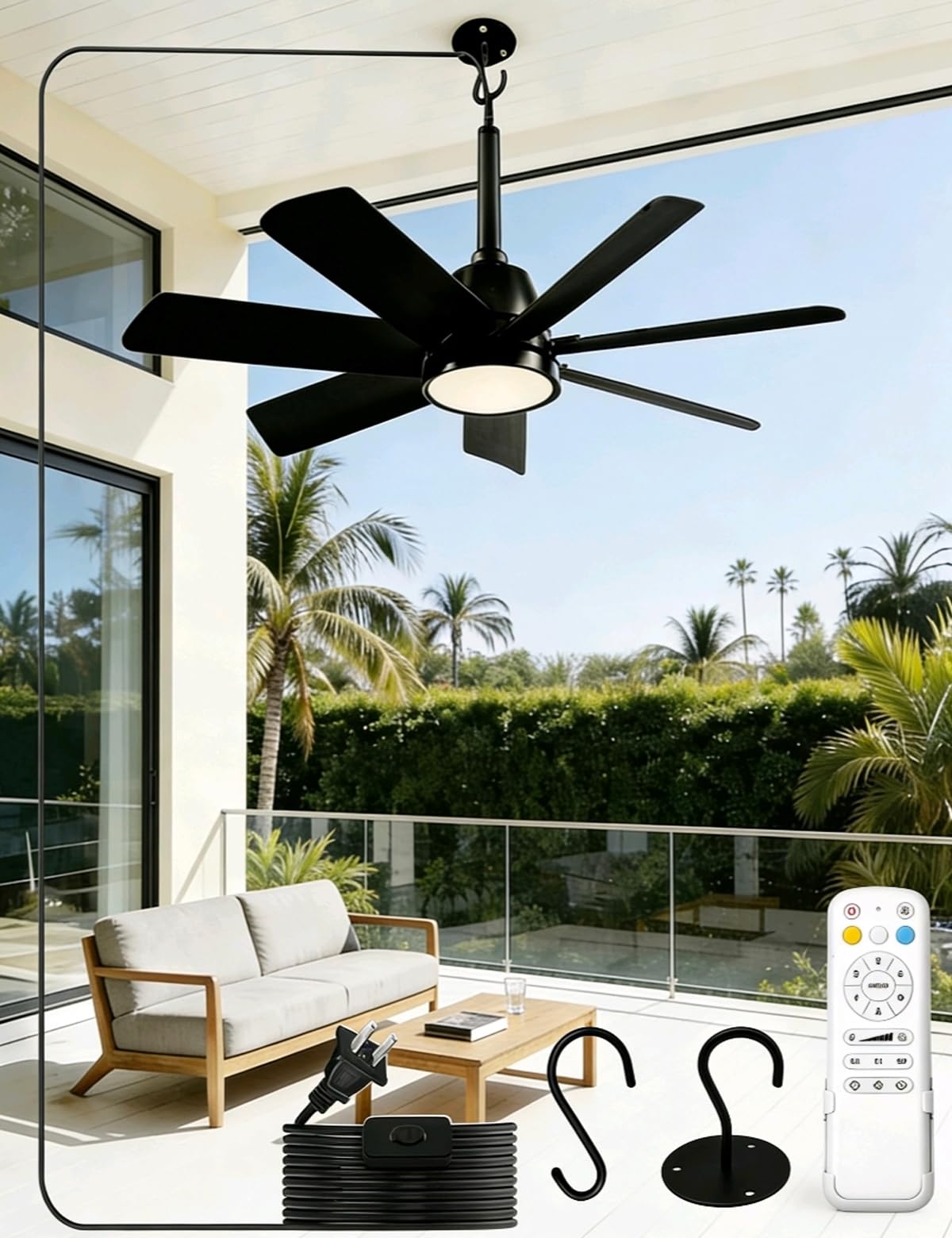 Photo 1 of **FACTORY SEALED** 28 Inch Plug-In Outdoor Ceiling Fan with Lights and Remote, LED Gazebo Hanging Fan with Hook, 3CCT 3000K-6500K Dimmable Gazebo Fan, 6-Speed Quiet Ceiling Fan with Timer for Patio, Porch, Garage, Black