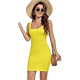 AUHEGN Women's Summer Tank Dresses Square Neck Backless Sleeveless Dress Slim Fit Cotton Bodycon Club Party Mini Dresses