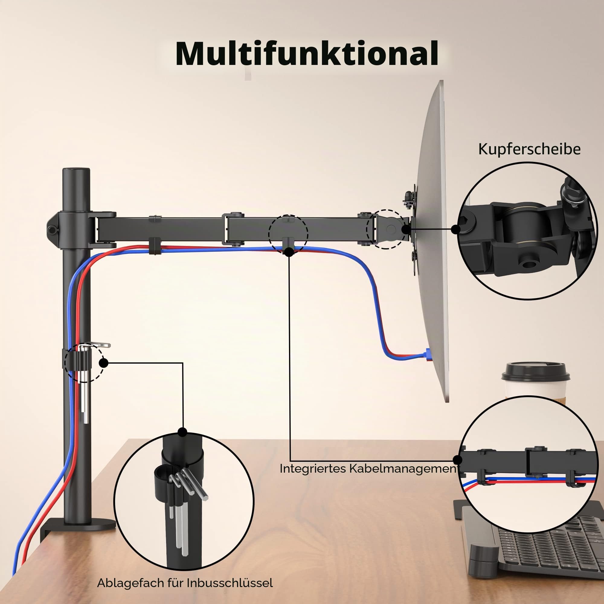 BONTEC 13-32 Zoll Monitor Halterung für LED LCD Bildschirme bis 10 kg, Monitor Tischalterung 1 Monitor Höhenverstellbar Neigbar Schwenkbar, 2 Montageoptionen, VESA 75x75/100x100, Schwarz 6