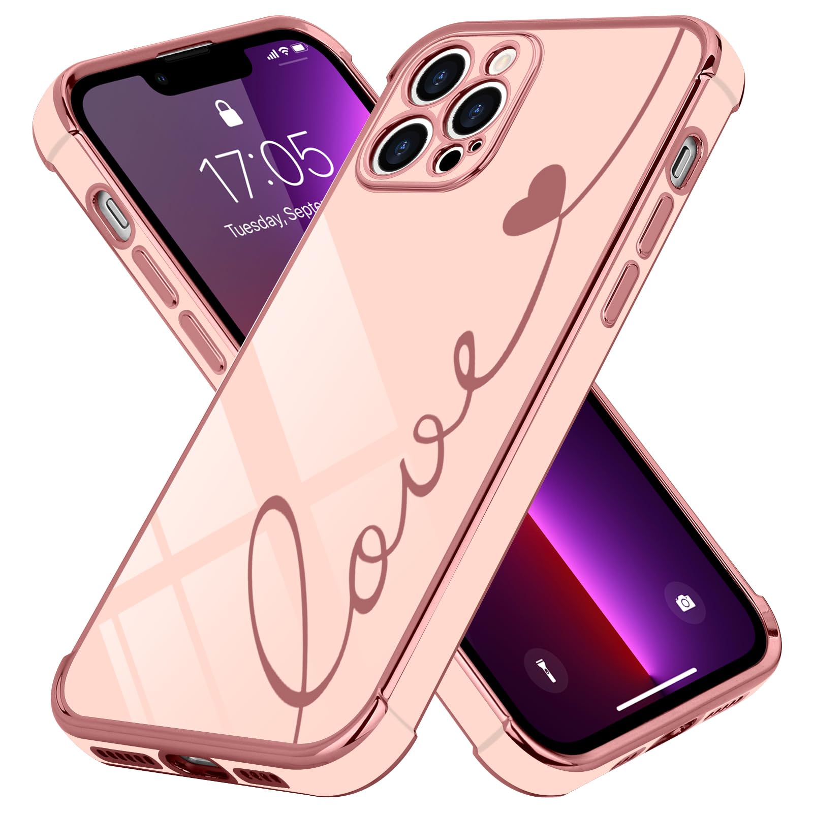 LCHULLE Designed for iPhone 13 Pro Max Case Cute Love Heart Pattern With Golden Plating Cover for Women Girls Protection Phone Cases for iPhone 13 Pro Max 6.7 inch,Pink