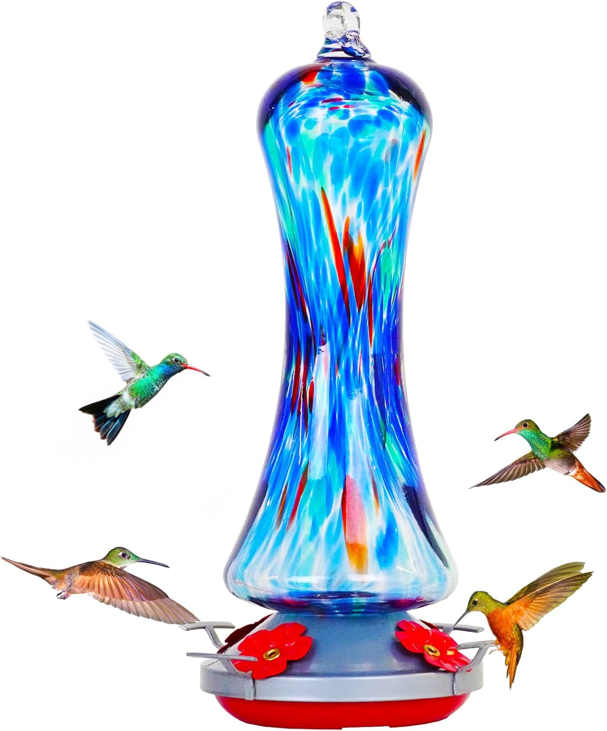 Backyard Birding & Wildlife - Birdkiss Hummingbird Feeder for Outdoors Hanging, Hand Blown Glass Hummingbird Gift with Perch, Leak Proof, Never Fade, 4 Feeding Ports, 20 fl.oz, Include Hook, Ant Moat, Rope, Brush, Gift for Garden