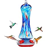 Hummingbird Feeder for Outdoors Hanging, Hand Blown Glass Hummingbird Present with Perch, Leak Proof, Never Fade, 4 Feeding Ports, 20 fl.oz, Include Hook, Ant Moat, Rope, Brush, Presents for Garden
