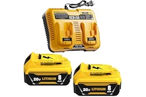 EAGGLEW 2 Packs 8000mAh DCB206 Replacement for Dewalt 20V Battery 8.0Ah and DCB102 Charger Combo Compatible with Dewalt 20V MAX Battery Lithium DCB203 DCB207 DCB204 DCB200 DCB201 Series Power Tool (Yellow)
