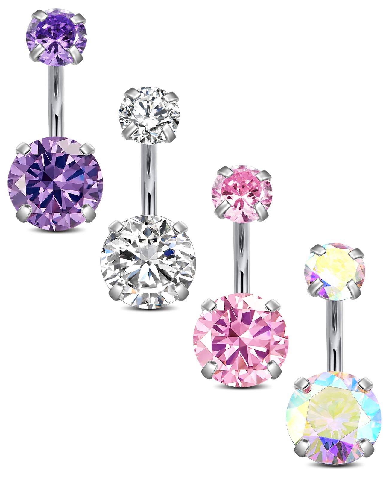 VCMART 4pcs Belly Bars Pack 6/8/10/12mm Navel Button Rings Set Stainless Steel 14G Piercing Jewellery CZ