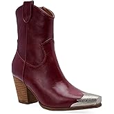 Beast Fashion Western Metal Toe Ankle Boots Cowboy Boots for Women Cowgirl Boots Pointed Toe Zipper Boots Stacked Heel Boots