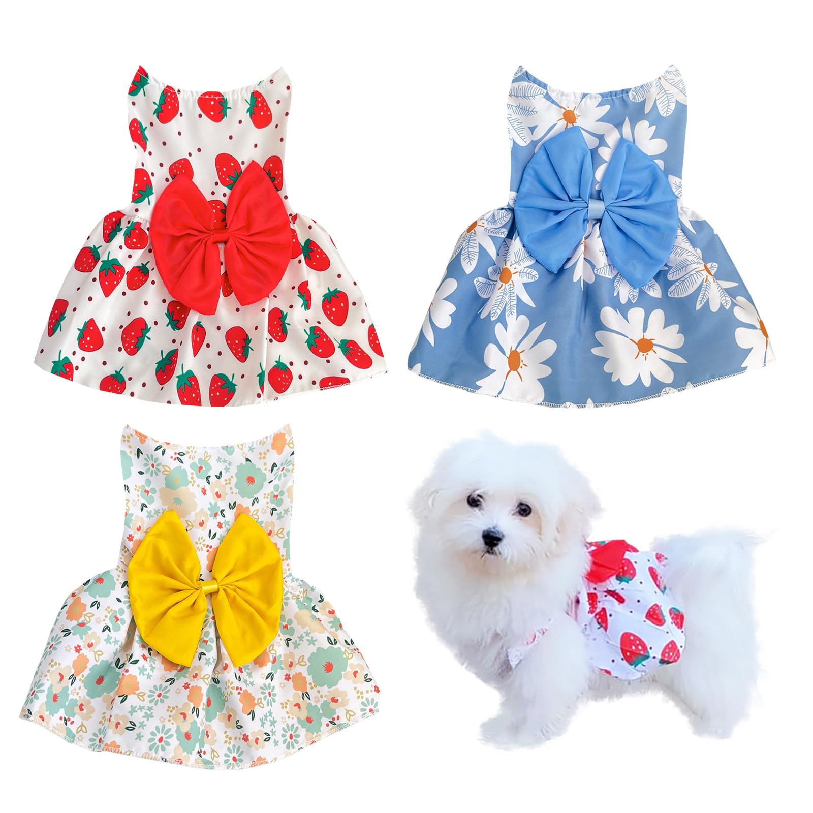 3 Pieces Dog Dresses Puppy Bowknot Luxury Princess Dress Floral Clothes Wedding Evening Dress Summer Outfits Tutu Skirt Cute Doggie Dress for Small Dog Girl Blue Green Red XS