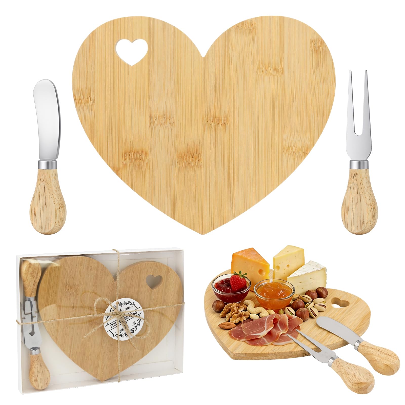 Photo 1 of 1 Set Bridal Baby Shower Favor, Heart Shape Charcuterie Board, Small Cheese Board with Knife and Fork, Small Bamboo Heart Cutting Board for Guest Bridal Baby Shower Prize Wedding Birthday Valentines