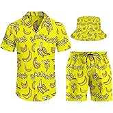 Men's Shirt Hawaiian Outfit Set Beach Shirt and Shorts with Bucket Hats 3 Piece Beach Tropical Hawaii Suits
