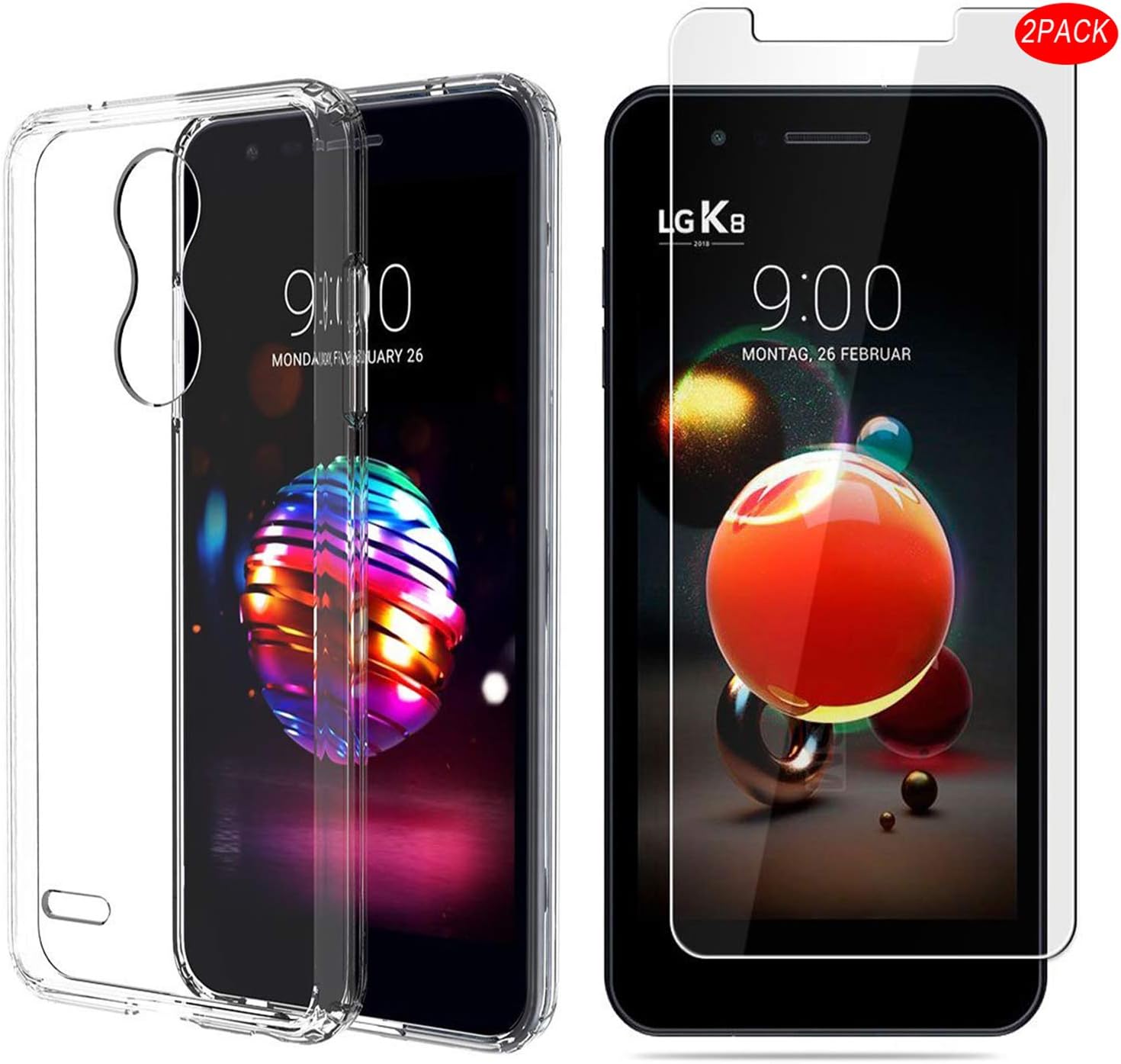 MYLBOO Case and Screen Protector For LG K9,[3 in 1]Transparent Soft TPU Phone Case + [2 PACK]9H Tempered Glass Screen Protector [HD Ultra] [Anti-Scratch] For LG K9, Transparent