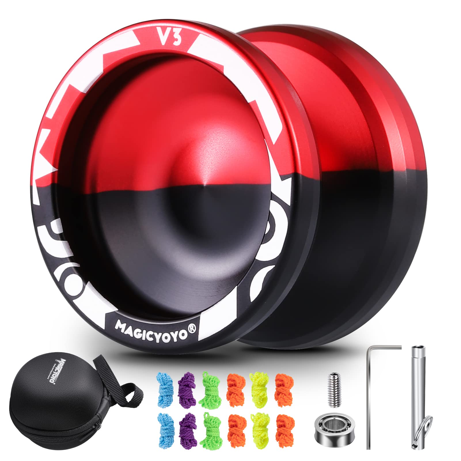 MAGICYOYO Professional Yoyo for Kids and Adult, Responsive Yoyo V3 Black-Red, Dual Purpose Yoyo with Replacement Unresponsive Yoyo Bearing + 12 Yoyo Strings + Removal Tool + Long Axle +Yo Yo Bag