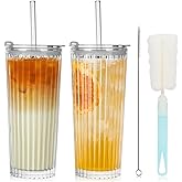 UHAPEER 18oz Ribbed Glass Tumbler with Lid and Straw Set of 2: Leak-Proof Drinking Glasses to Go, Reusable Iced Coffee Cups for Cold Drinks, Juice, Smoothie, Glass Cups with Stylish Ribbed Design