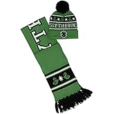 Harry Potter Wizarding World Gryffindor, Slytherin, Ravenclaw, Hufflepuff House Knit Scarf & Cuff Beanie Set, One Size (SLYTHERIN)