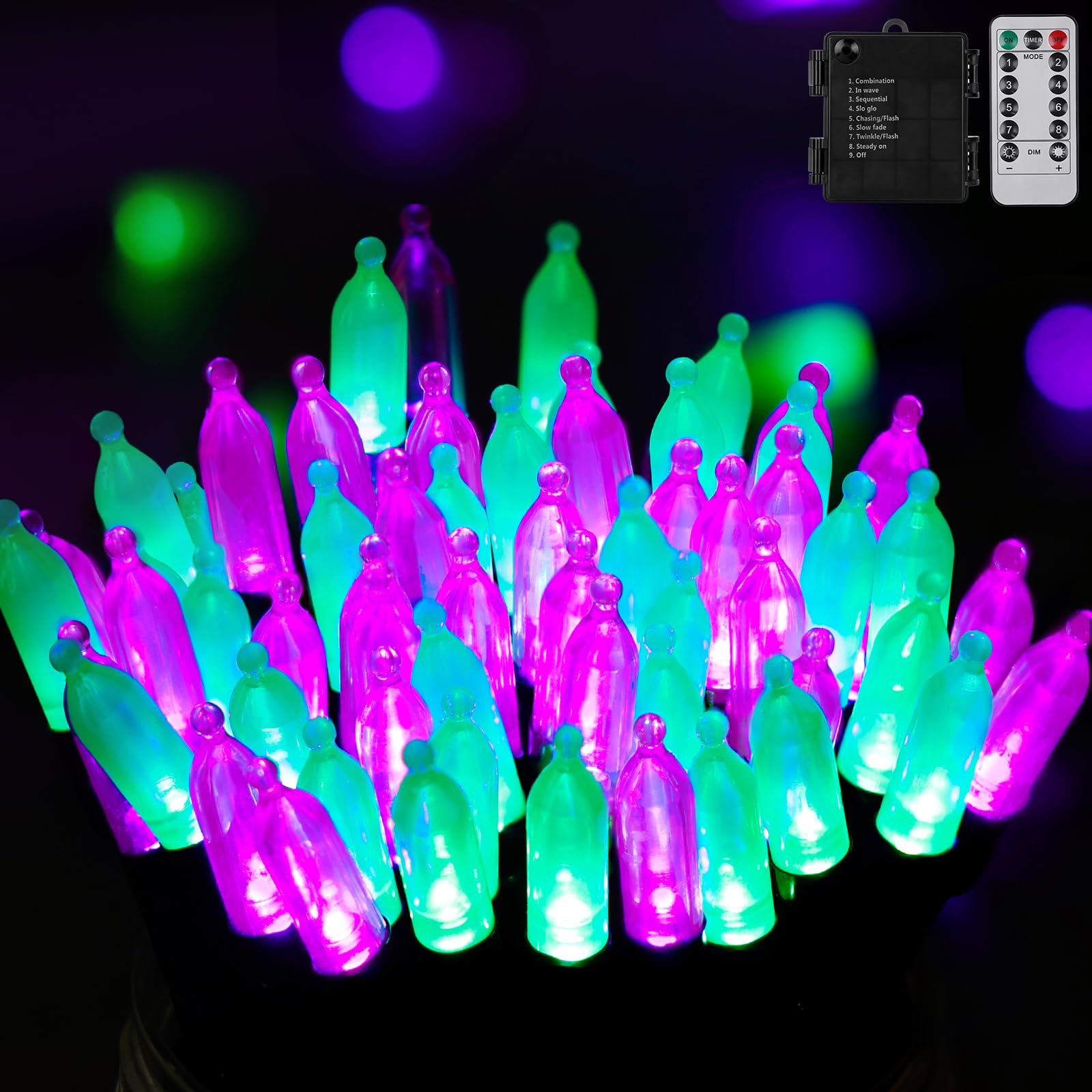Photo 1 of 100 LED Halloween String Lights with Remote - 33ft Battery Powered Light with Timer, 8 Modes, Waterproof - Creepy Mini Bulb Lighting for Indoor Yard Fence Bedroom Window Decorations - Purple Green