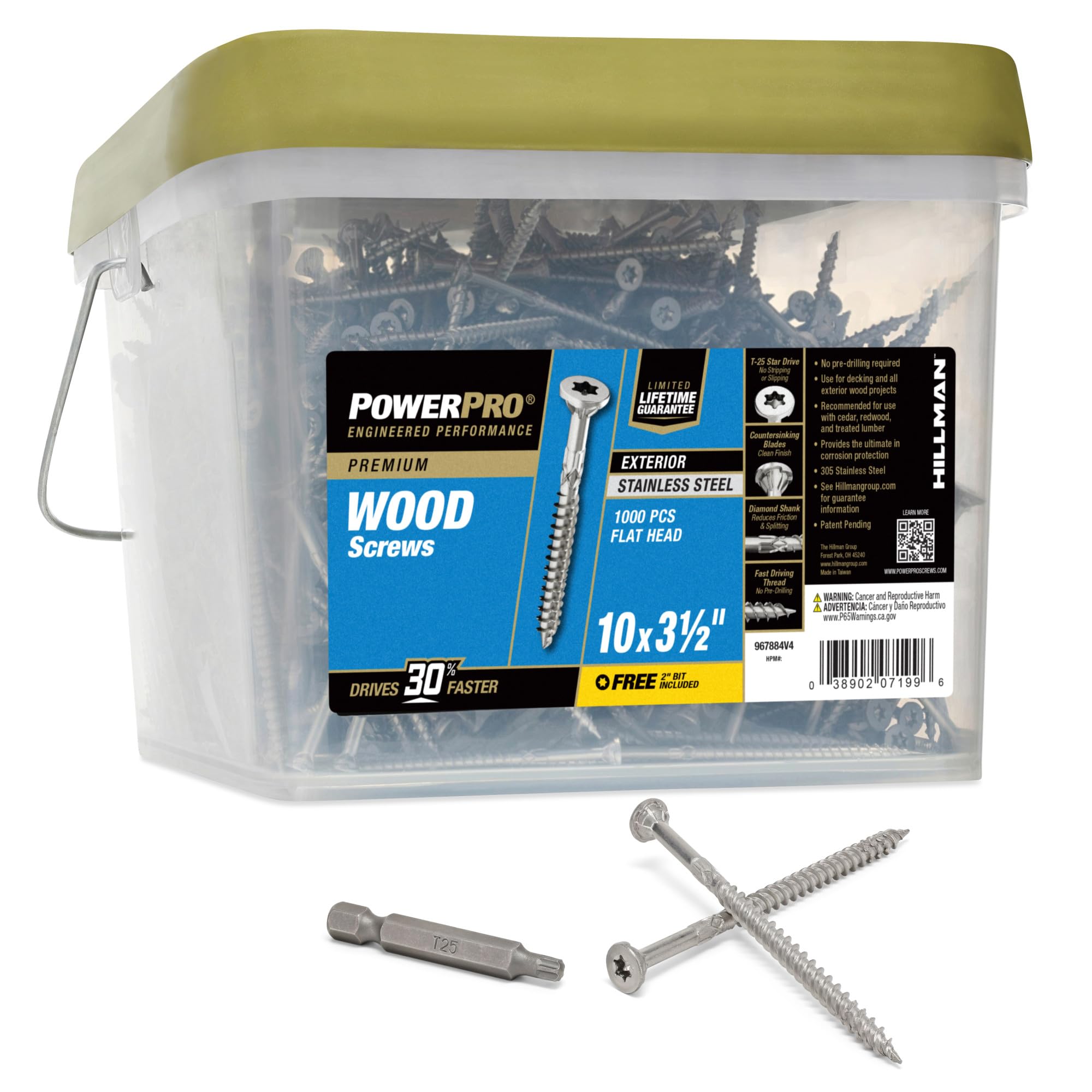 Power Pro 967884 Wood Screws, #10 x 3-1/2″, Premium Stainless Marine Screws, Rust Resistant, Stainless Steel, 1000pcs Tub