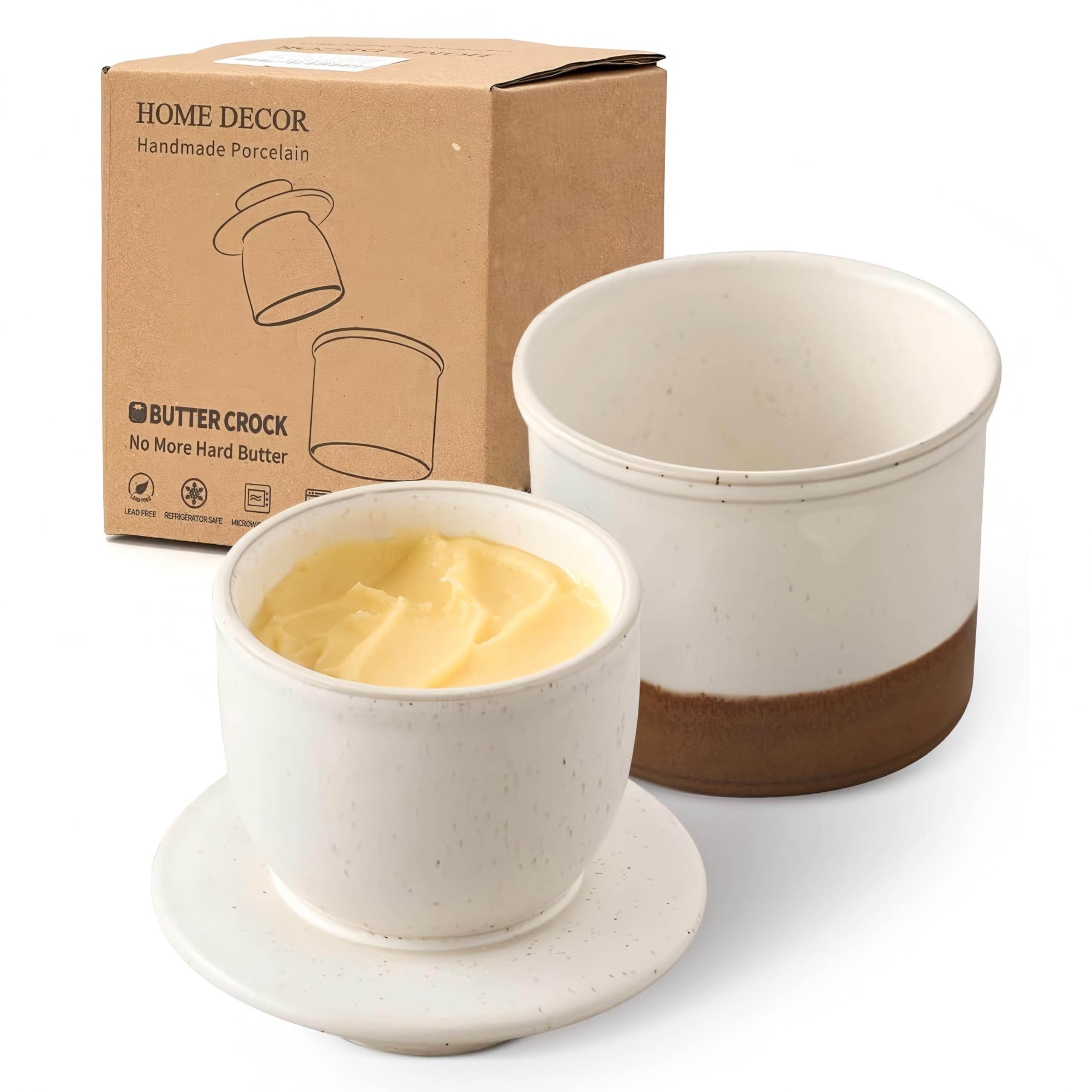 HOME DECOR Reactive Glaze Butter Crock, French Butter Dish with Lid for Counter, Butter Keeper with Water Line for Fresh Spreadable Butter- Latte — image 1