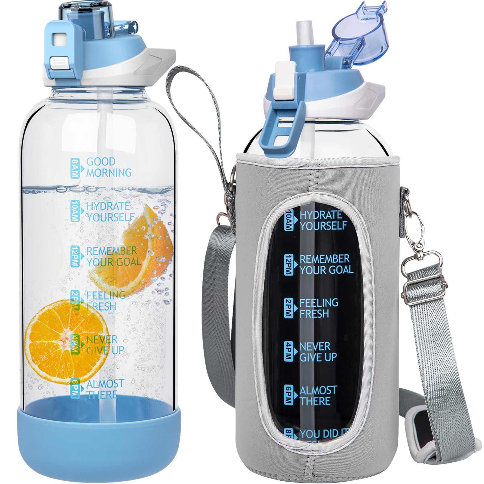 Seekua 1.5l Large Glass Water Bottle with Straw & Time Markings 1.5 litre Big Motivational Glass Drinking Bottle BPA free Leakproof