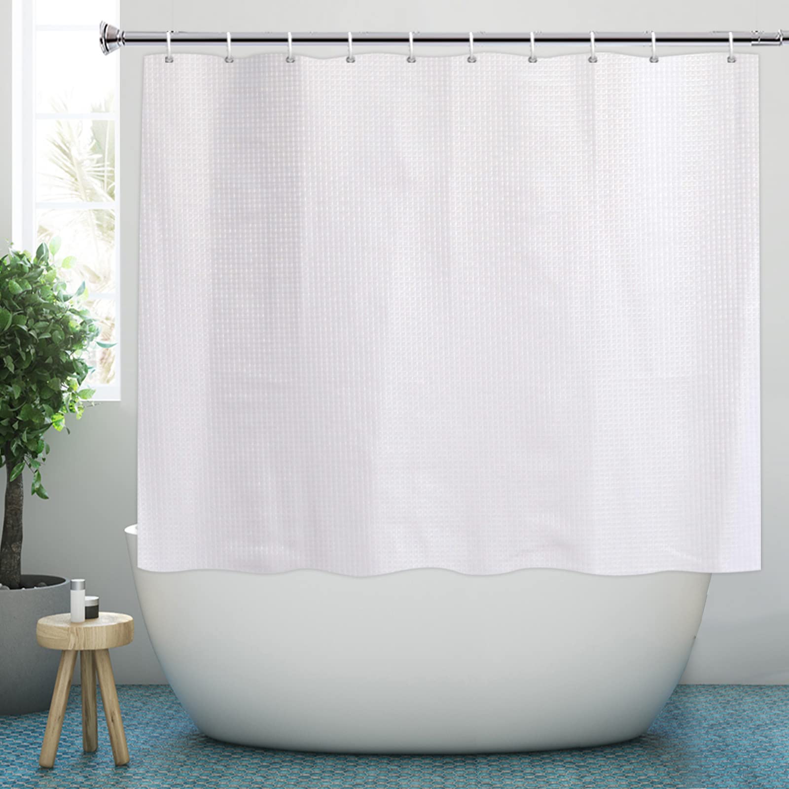 YISURE Short Shower Curtain 59 Inch Length, White Waffle Textured Fabric Waterproof Bath Curtain Sets for Walk in tub with 12 Pack Hooks