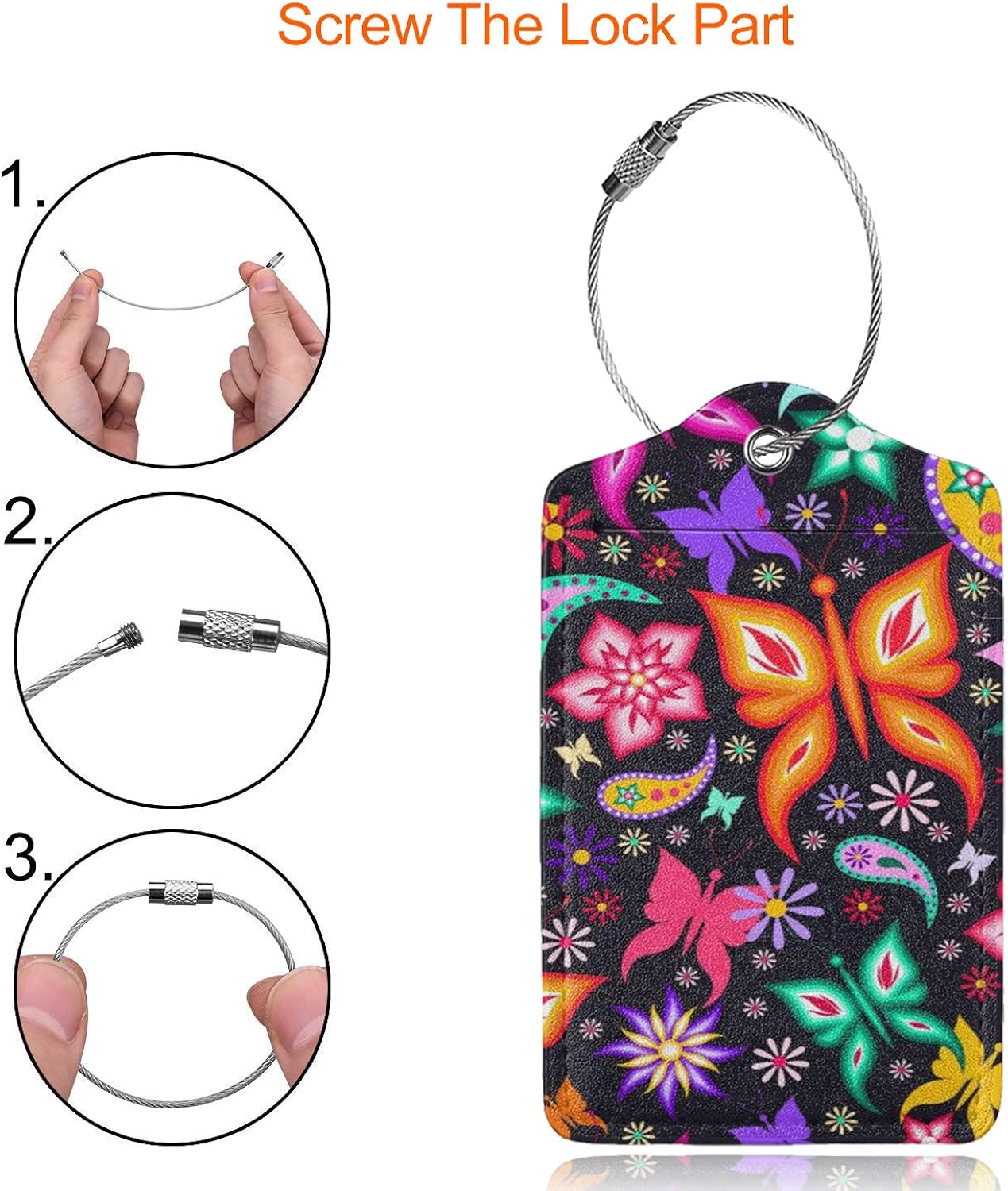  | Butterfly Luggage Tags 2 Piece of Sets Cute PU Leather Suitcase Labels Baggage Bag Label with Stainless Steel Loop Travel ID Handbag Tag Travel Accessories for Women Men Kids Teen Girls | Luggage Tags