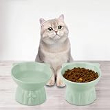 MeetoZ Ceramic Elevated Cat Bowls, 2 Wide Raised Food & Water Dishes (Green) view 7