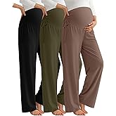 Neer 3 Pack Women's Maternity Pants Over The Belly Loose Pregnancy Pants Stretchy Lounge Wide Leg Trousers with Pockets