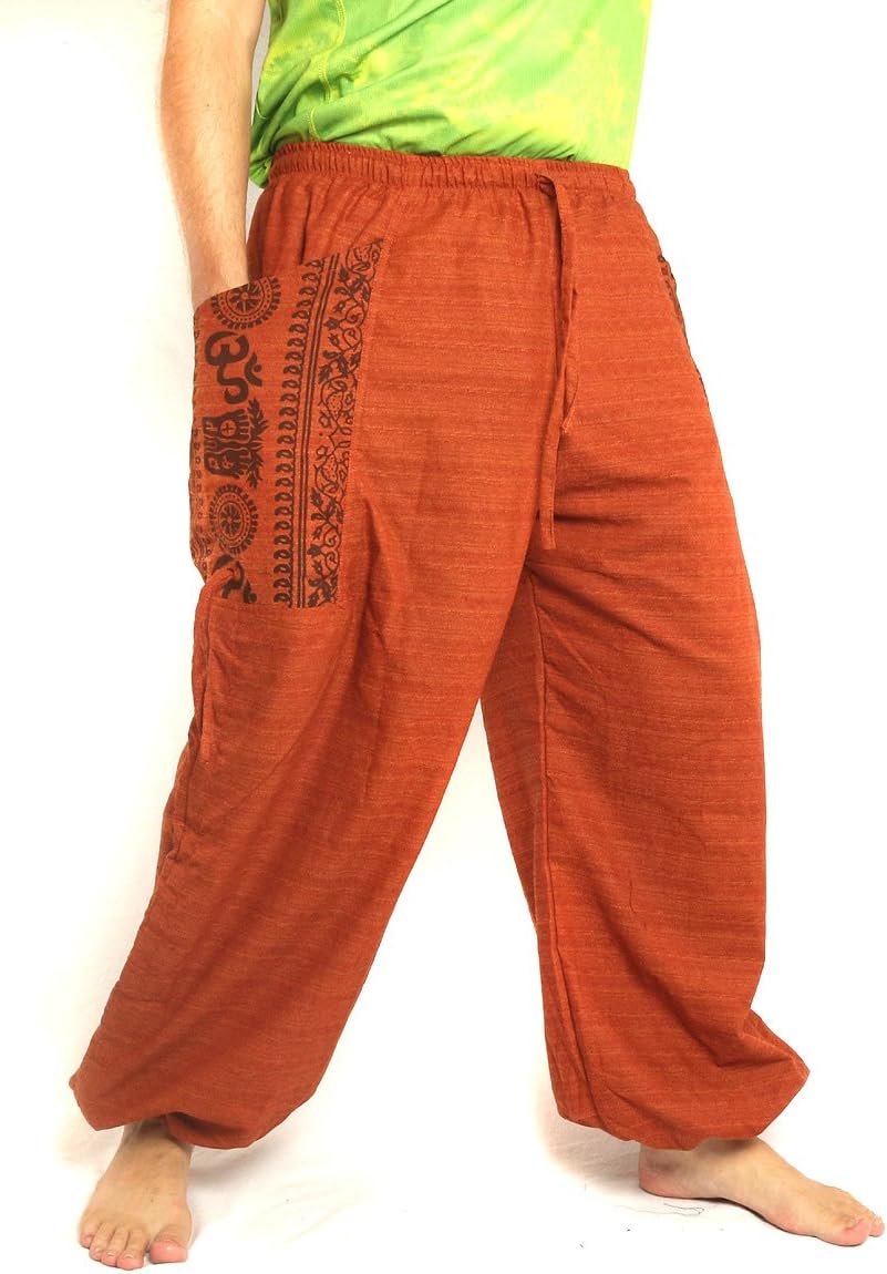 jing shop Harem Pants High Cut Boho Hippie Cultural Pattern Print Cotton (Orange)