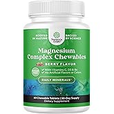 Sugar Free Magnesium Glycinate Chewable - Chewable Magnesium for Adults & Kids with Glycinate Taurate & Citrate Complex Plus Vitamins D3 B6 & C - Vegetarian Non-GMO & No Artificial Flavors - 60 Count