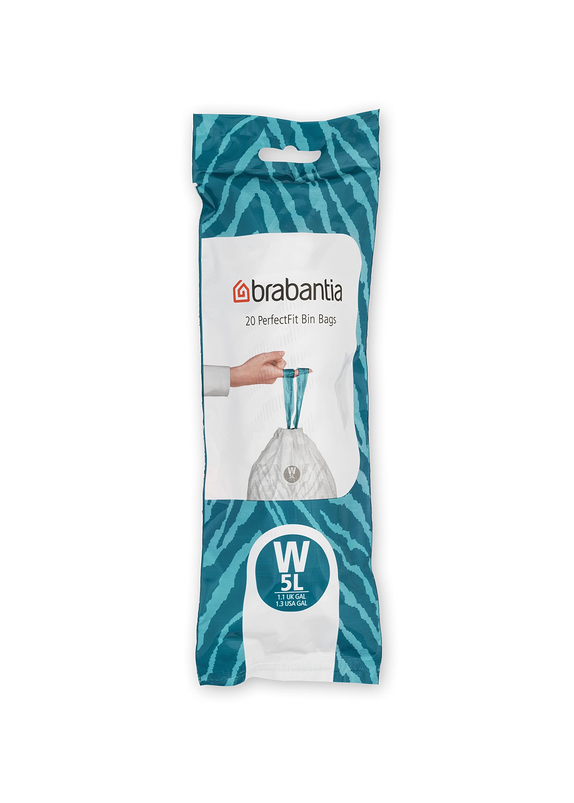Brabantia IdealFit Bin Liners (Size W/5 Litre) Ideal Quality Thick Plastic Trash Bags with Tie Tape Drawstring Handles (20 Bags), White