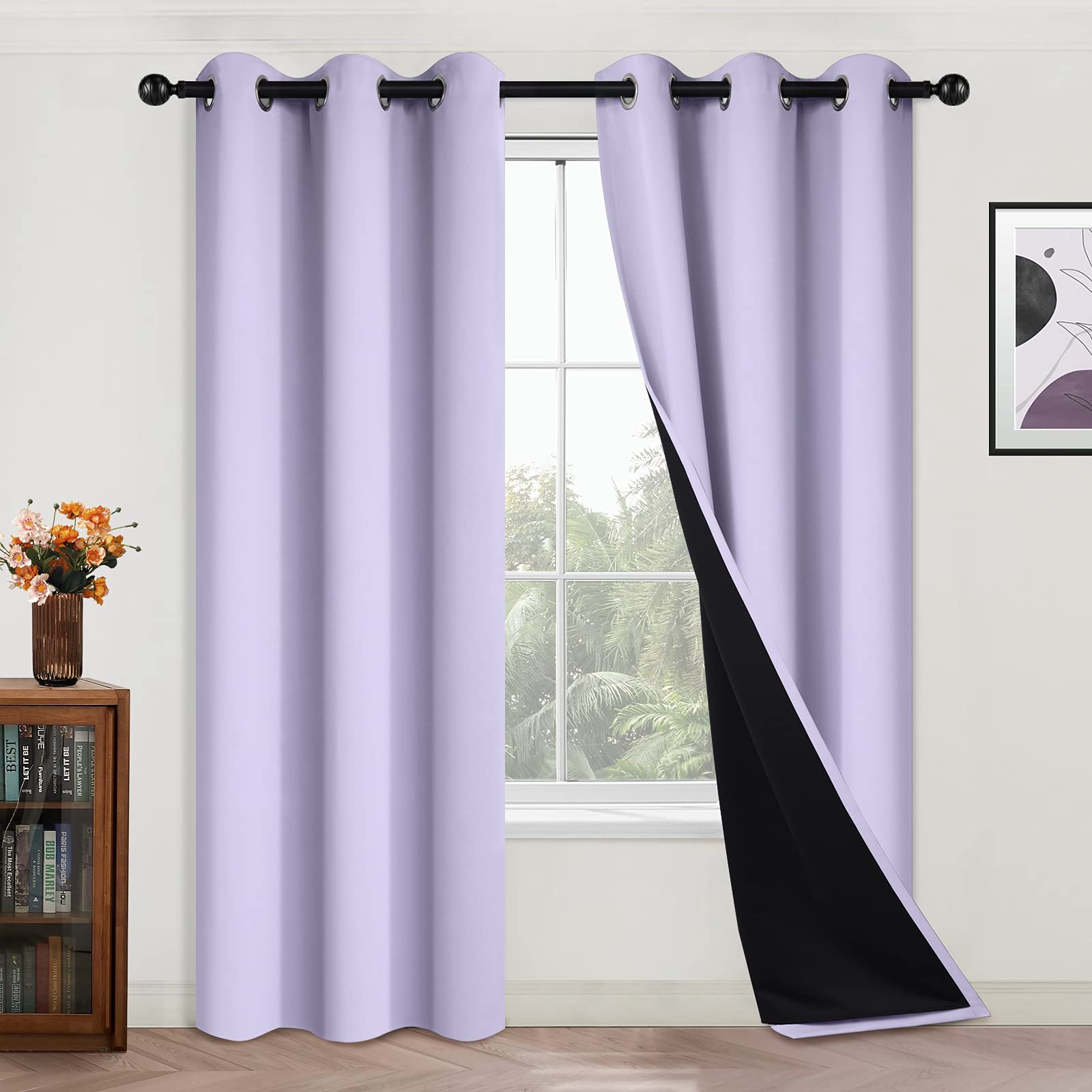 Yakamok 84 Inch Length 100% Blackout Curtains for Bedroom, 2 Thick Layers Thermal Insulated Grommet Total Blackout Drapes with Black Liner for Living Room (42Wx84L,Lilac, 2 Panels) Image