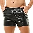 QiaTi Men's PU Leather Shorts Elastic Waist Rave Hot Short Pants Zipper Men Sexy Shorts with Pockets for Club Party