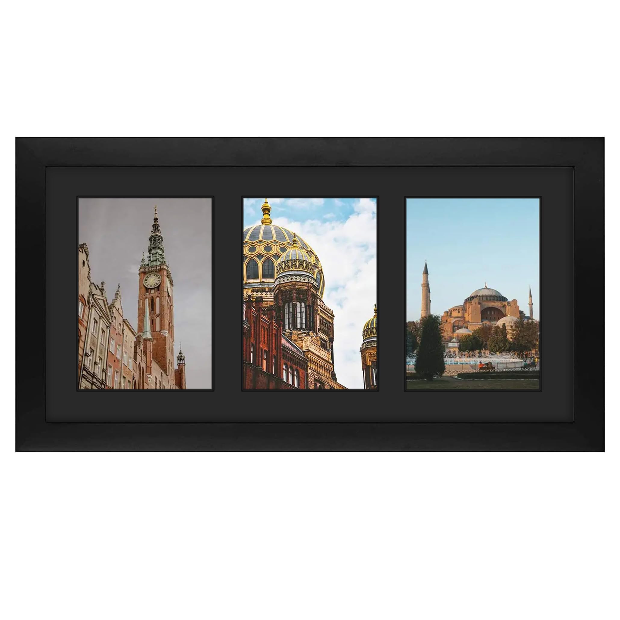 Golden State Art, 9x18 Black Wood Frame - Black Mat for Three 5x7 Pictures - Sawtooth Hangers- Swivel Tabs - Wall Mounting - Landscape/Portrait - Real Glass - Collage Frame