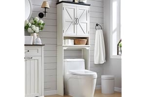 ACCOHOHO Over The Toilet Storage Cabinet, Farmhouse Bathroom Cabinet with Adjustable Shelf & Barn Door, 67" Tall Over The Toilet Shelf, Off White