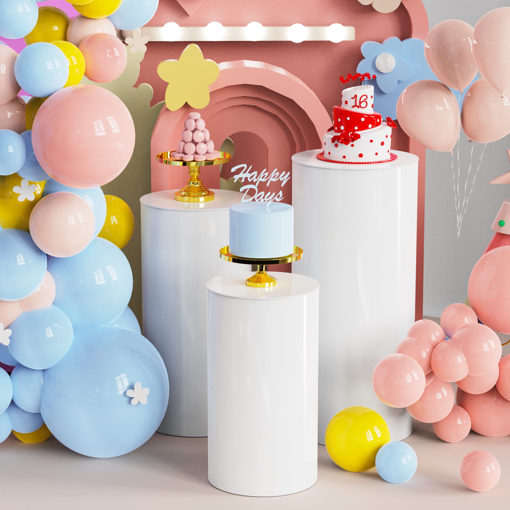 Putros Cylinder Pedestal Stands 3Pcs White Round Cylinder Pedestal Display Plinth Pillars for Wedding Party Decor 35.4''(L),29.5''(M),23.6''(S)