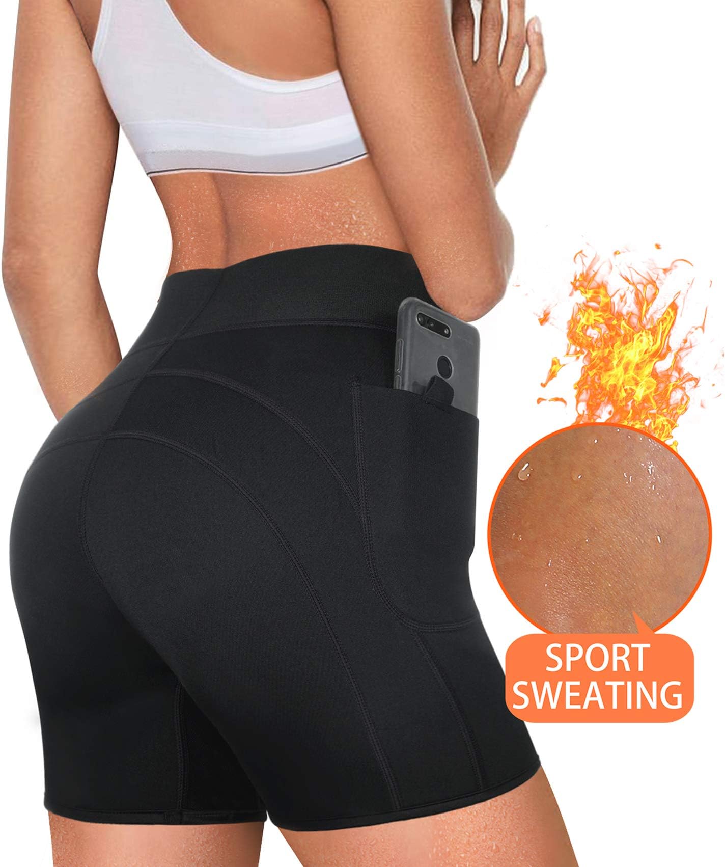 Rolewpy Neoprene Sauna Sweat Shorts for Women Weight Loss Workout Thigh Pants with Pocket Slimming Hot Thermo Sport Capris