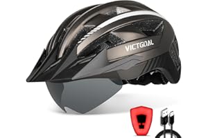 VICTGOAL Bike Helmet with USB Rechargeable Rear Light Detachable Magnetic Goggles Removable Sun Visor Mountain & Road Bicycle Helmets for Men Women Adult Cycling Helmets