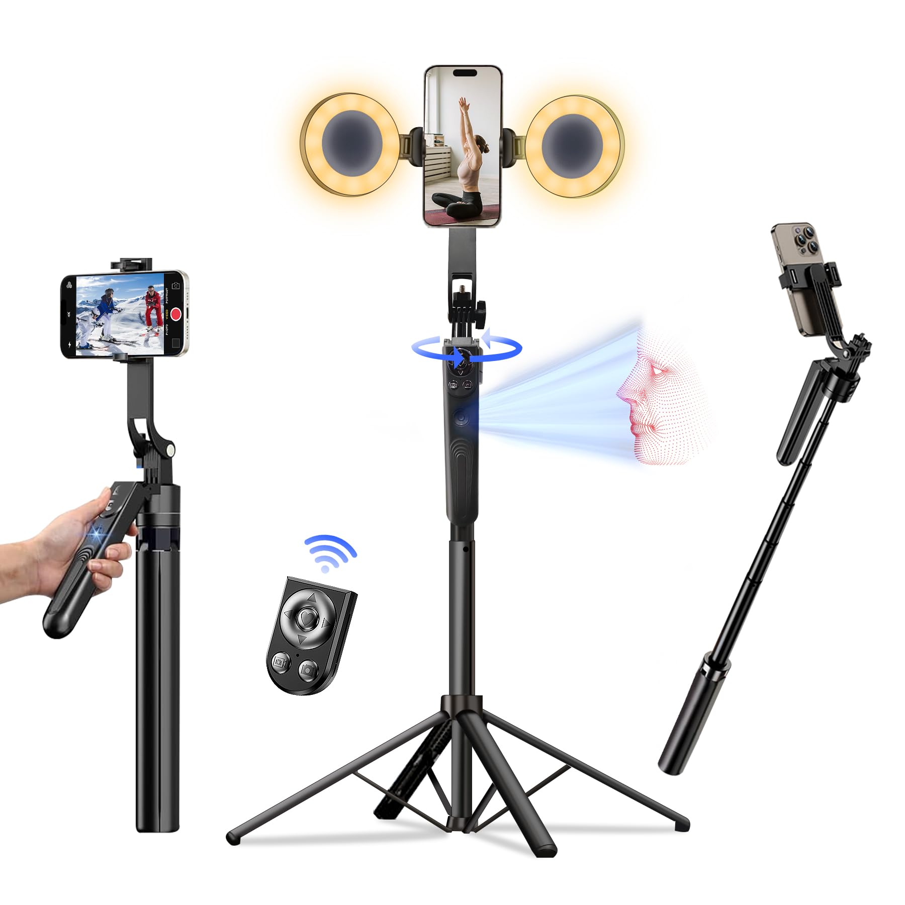 Auto Face Tracking Tripod for iPhone with Light, No APP Needed 70.9" Phone Camera Tripod Stand 360 Rotation Selfie Stick Follows Your Movement with Remote for Content Creator Vlog Live Stream