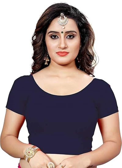 Lycra Stretchable Readymade Blouse for Women Short Sleeve with Round Neck Stitched Ladies Fancy Saree Choli Deep Blouse