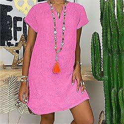 Women's Summer Cotton Linen Dress Loose V-Neck