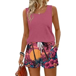 OKDNAJDD Stripes Rompers for Women Casual Summer Sleeveless Scoop Neck Tank Tops Short Jumpsuit with Pockets