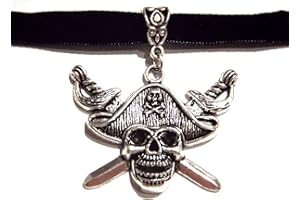 Handmade Jolly Roger Pirate Skull & Crossed Swords Pendant on Black Velvet Choker Necklace, Metal, Cubic Zirconia/Glass/Gemst
