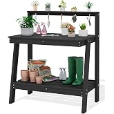 SERWALL 3-Tier Outdoor Potting Bench with Storage,Gardening Table,Black | Waterproof HDPE Structure,Spacious Storage,Angled Legs &amp; Tool Hooks,Perfect for Gardening Use