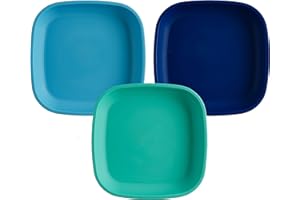 Re-Play Toddler Plates - 22 Oz. Deep-Walled Flat Kids Plates - Dishwasher & Microwave Safe - Made in USA - Set of 3-7.37" x 7.37" x 1.25" - True Blue