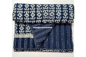 SAMBHAV QUILT HUB Blue Indigo Print Cotton Handmade Handblock Quilted Blanket Indian Cottodspread Kantha Indigo Print Beork Bohemian Bed Decor Block Throw Blanket Twin/King/Queen (Queen 90X108 inches (2))