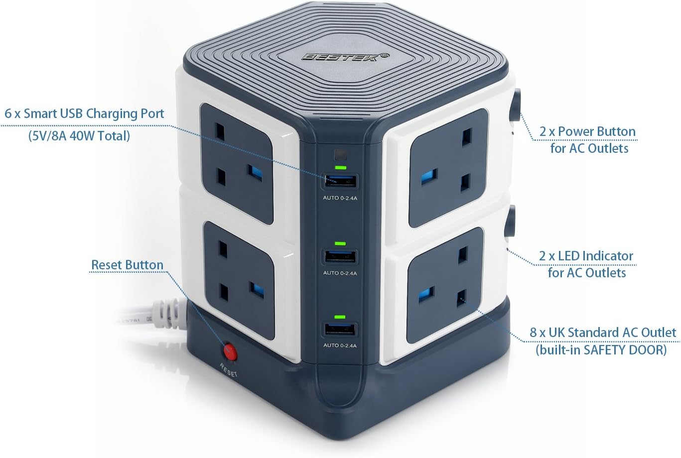 BESTEK 8 Way Surge Protected Tower Extension Lead Socket Plug with 6Port (5V/8A) USB Power